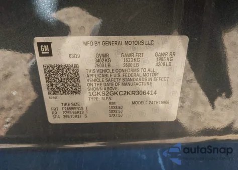 2019 GMC Yukon Xl Slt z USA, uszkodzony, nr VIN 1GKS2GKC2KR306414